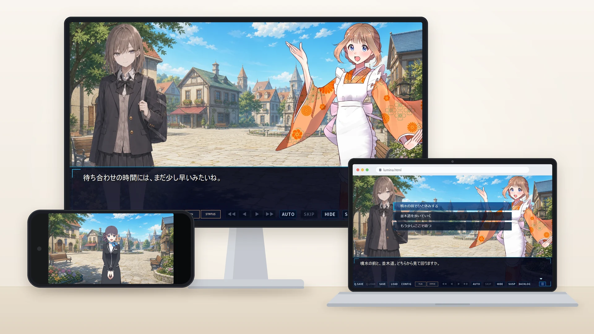 パソコンのモニター、ノートパソコンのブラウザ、横向きのスマートフォンで、同じノベルゲームが動いている様子