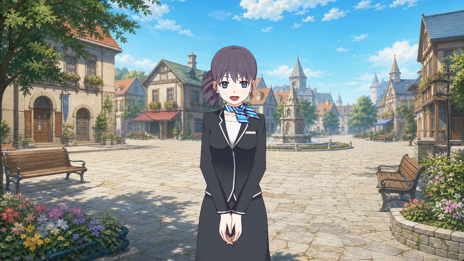 背景の広場の中央で、Live2D のキャラクターがこちらを向いている画面